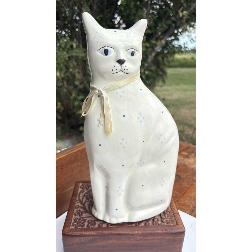 Ceramic White Light Blue Floral Cat Kitty Figurine 11" Tall Folk Art Gustin